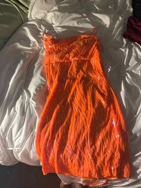 Bright Orange Sequin Mini Dress with Spaghetti Straps